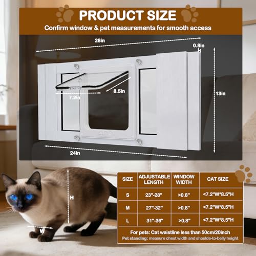 Cat Door for Window, Quick Installation Adjustable Width of 24"-28", 4 Locking Modes, Magnetic Closure Design, Weatherproof Cat Door Window Insert - size: 24-28 inches