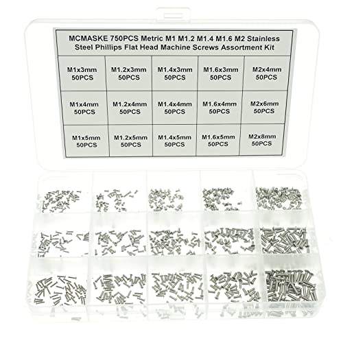 750PCS M1 M1.2 M1.4 M1.6 M2 Metric Stainless Steel Phillips Flat Head Machine Screws Assortment Kit - size: M1/M1.2/M1.4/M1.6/M2