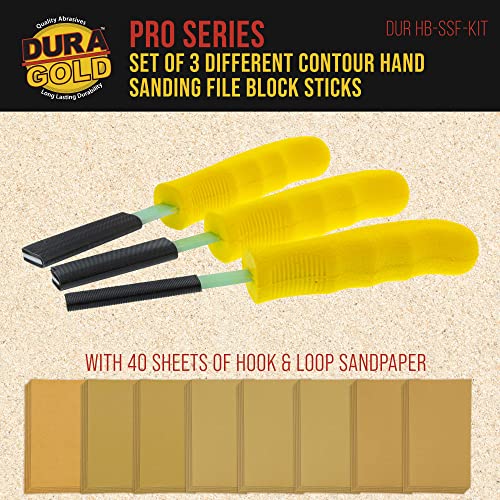 Dura-Gold Set of 3 Different Contour Hand Sanding File Block Sticks with 40 Sheet Hook & Loop Sandpaper Kit - Flat Convex Radius Profile Shapes - style: Flat