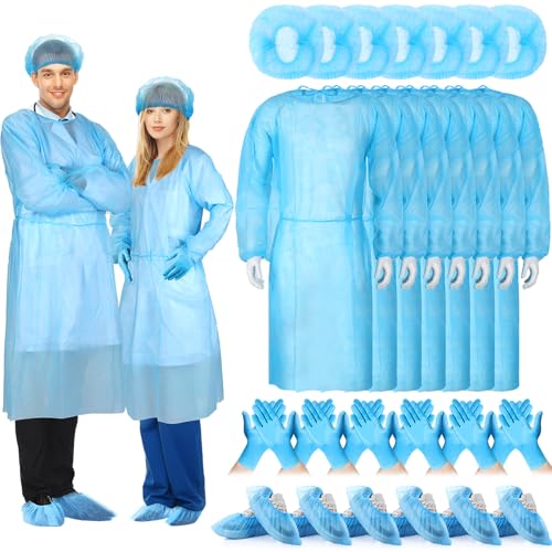 Xuhal Disposable Isolation Gown Set with Caps Gloves Shoe Covers, Blue