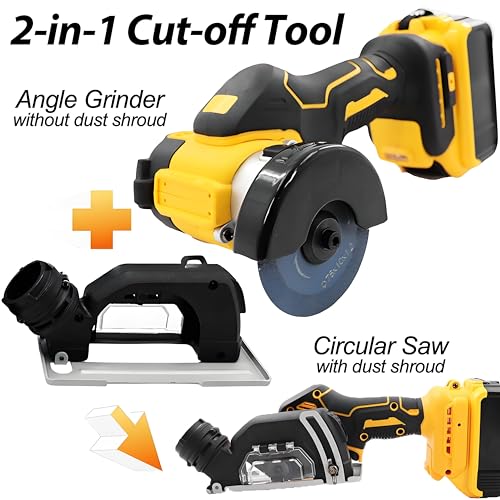 Cordless Cut-Off Tool, 20000RPM Angle Grinder & Circular Saw Fits Dewalt 20V Max Battery, Detachable Dust Shroud with Adjustable Metal Plate, 4x 3” Saw Blades for Wood Plastic Tile Metal (No Battery)