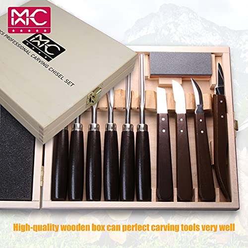 Woodworking 11 PC Carving Chisel Set with Wooden Storage Case - Gouges, Chisels and knifes for Hobbyists and Professional Wood Carving Tool - size: 11 Piece Carving Chisel
