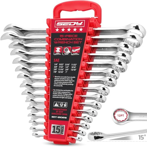 15-Piece SAE Combination Wrench Set, 1/4''–1'' 12-Point Open End and Box End Wrench Kit with Organizer, Chrome Vanadium Steel Tools for Mechanics, Garages and Workshops - style: 15-Piece Combination (SAE)