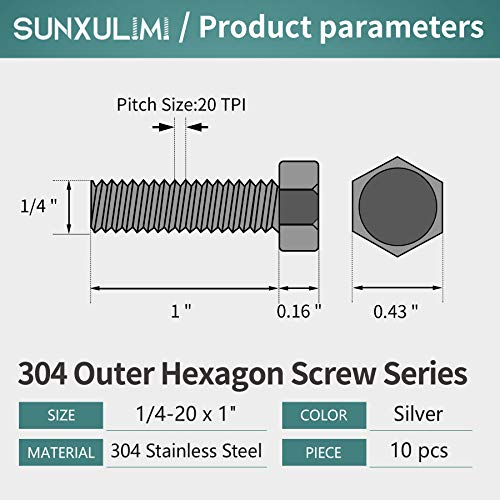 1/4-20 x 1 Bolts and Nuts Hex Head Bolts Screws, Nuts, Flat Lock Washers Hexagonal Head Bolt Stainless Bolts Machine Fully Thread Bright Assortment Kit 10Sets - size: [1/4-20 x 1" (10Sets)]