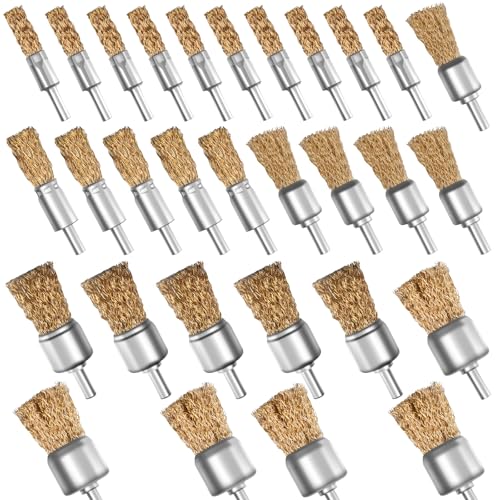Brass Coated Wire Brush Set for Drill, 1/4 Inch Shank,Crimped Carbon Steel Bristles for Rust Removal, Paint Stripping, Corrosion Cleaning, Surface Scrubbing, Deburring (6 Sizes,30pcs) - size: 6 sizes,30pcs