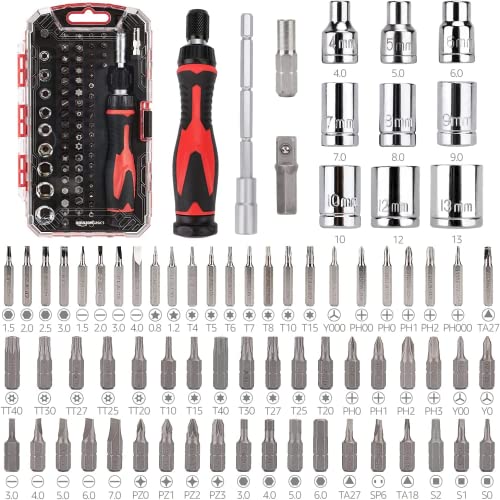 Amazon Basics Magnetic Ratcheting Wrench and Electronics Precision Screwdriver Tool Set, 73-Piece, with Carry Case for Household Repair, Small Jobs, Eyeglasses, Black/Red/Silver - style: 73-Piece