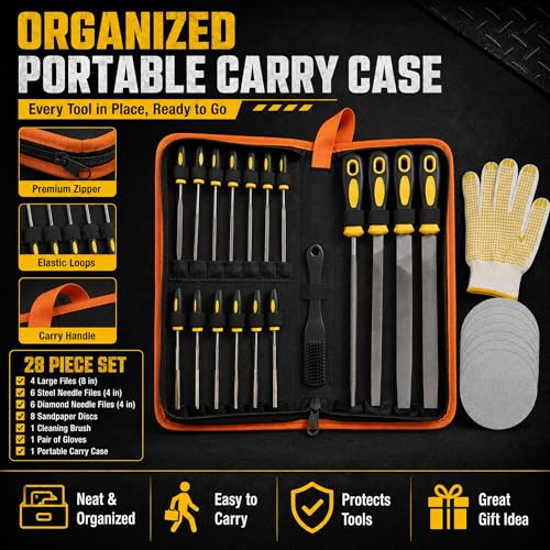 warmtree 28Pcs Metal File Set, Heavy Duty T12 Drop Forged Alloy Steel Files, Includes 4 Large Files, 6 Steel & 6 Diamond Needle File Set, 8 Sandpapers, Brush & Gloves, Metal Files for Wood, DIY