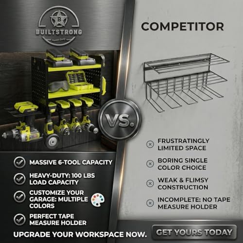 BUILTSTRONG Power Tool Organizer Wall Mount – 3-Tier Heavy-Duty Steel Rack, 6 Drill Slots, Dual Pegboard Sides, Side-by-Side Modular, 100 lb Capacity – Garage & Workshop (Green) - color: Green, size: 6 Drill Holder