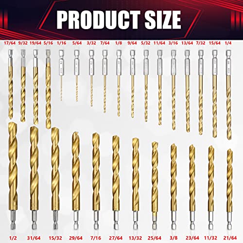 30 Pcs Impact Twist Drill Bit Set，1/16"-1/2" Hex Shank Hss Titanium Drill Bits，Fit for Metal/Wood/Plastic Sink