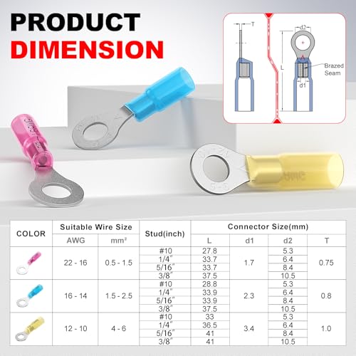 22-18 AWG/Gauge Heat Shrink Ring Terminal Kit Wire Connector Cable End Lugs - size: 22-18AWG-100pcs