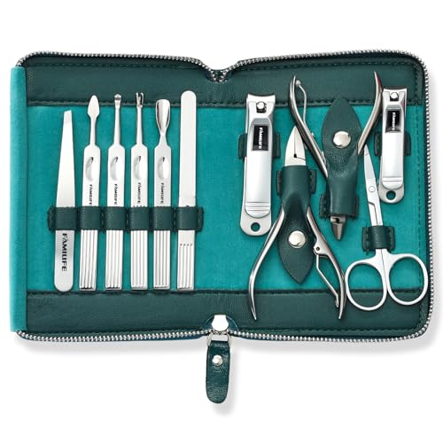 FAMILIFE Stainless Steel Manicure Set 11-in-1 Professional Nail Clipper Kit | Portable Leather Travel Case, Pedicure & Grooming Tools for Fingernails & Toenails, Luxury Gift for Men & Women, Peacock Blue - color: Blue