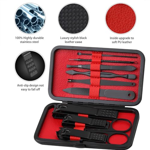 Glamne Manicure Set Nail Clippers Kit Professional Stainless Steel Nail Care Tools with Leather Travel Case 10 in 1 Black - color: Red