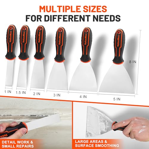 VALUEMAX Putty Knife Set, 6PCS Stainless Steel Paint Scraper Tools, Spackle Knives for Repairing Drywall, Scraping, Removing Wallpaper, Applying Mud, Plaster and Adhesive(1”, 1.5”, 2”, 3”, 4”, 5”) | Repairing Drywall, Scraping, Removing Wallpaper, Applyin
