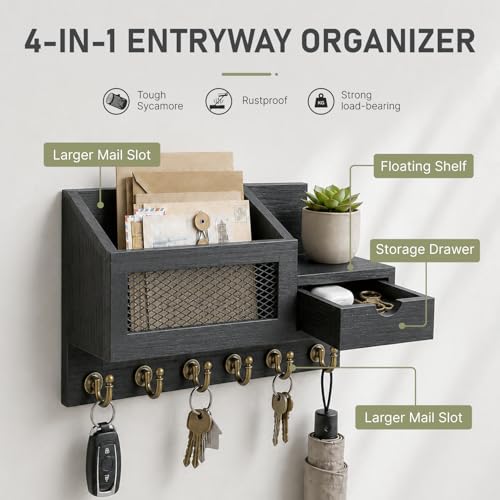 FifthQuarter Key Hooks for Wall with Drawer and 6 Sturdy Key Hooks, B-Black - color: B-Black
