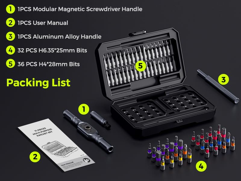 71 in 1 Ratcheting Screwdriver Set, Magnetic Multi Bit Screwdriver Kit with T Ratchet Handle, Precision Screwdriver Kit, S2 Steel Bits, Magnetizer, Electronics Repair Tool Kit for Phone Laptop PC PS5 - size: 71in 1 Black