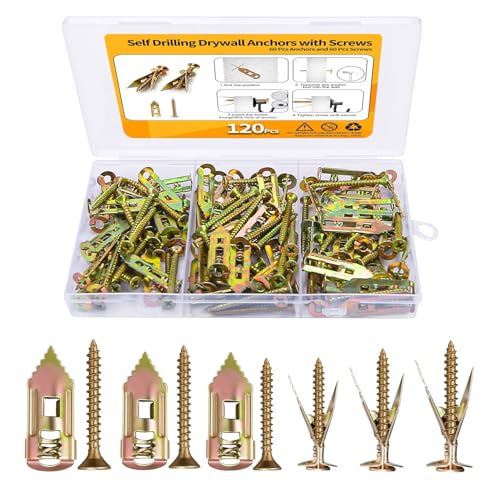 120PCS PCS Self-Drilling Drywall Anchors Kit Self Drilling Drywall Anchor Screws,Metal Anchors Kit, No Drill Needed, Zero Wall Damage,60 Sheetrock Anchors (0.47X1.57inch) and 60 Zinc Plated Screws