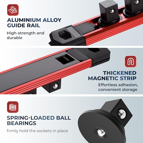 Reniteco Magnetic Socket Organizer Set, 3-Pack 1/4” Socket Rails - color: Red, size: 1/4-Inch Drive,3pc