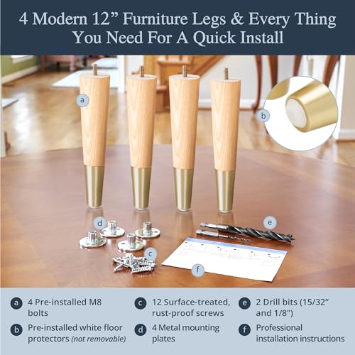 Airy Abode Premium Ash Wood Furniture Legs with Gold Caps (Full Install Kit) - Pick Your Size and Color - color: Ash / Gold, size: 12 Inches