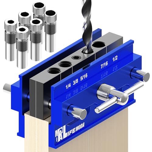 Self Centering Doweling Jig Kit, Drill Jig For Straight Holes Biscuit Joiner Set With 6 Drill Guide Bushings, Adjustable Width Drilling Guide Tool Accessory Jigs (Blue) - size: Small