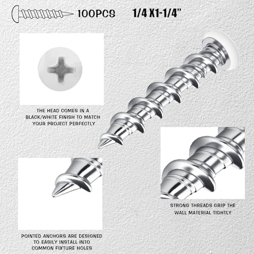 Blulu 100 Pcs Drywall Anchors 1/4 X 1-1/4 Inch White Self Drilling Screws - color: White, size: 1/4 x 1-1/4 Inch