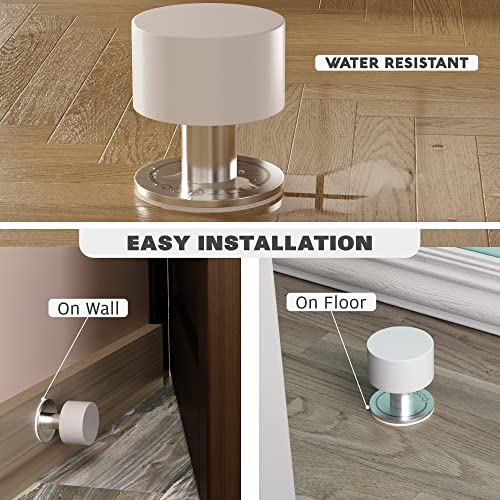 Door Stoppers 2-Pack with Extra Stickers - Two Self-Adhesive White Rubber Door Stops - Heavy Duty Stainless Steel Body with Sound Dampening Bumper Top - Ideal for Home and Office Use