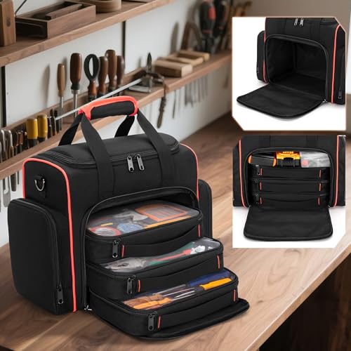 Marscamd Tool Bag with 3 Removable Cases, 2 Layers Tool Tote for Hand Tools - color: Black with Red Binding