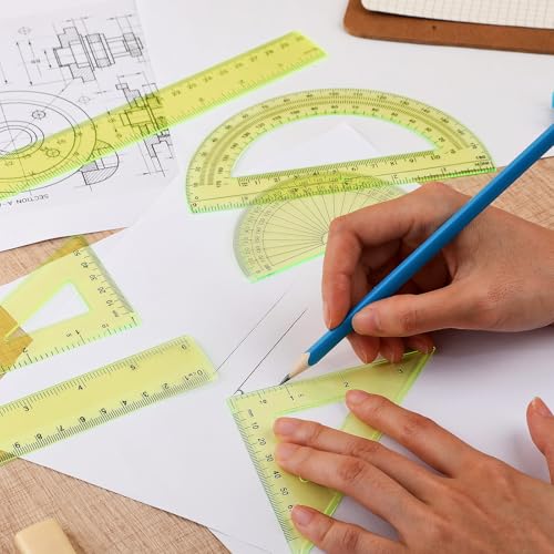 Tenare 6 Pcs Math Geometry Ruler Set, Protractor Triangle School,Yellow - color: Yellow