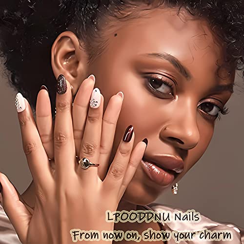 LPOODDNU Black White Press on Nails - Almond Medium French Fake Nails with Flower&Gold Bead Designs, Glossy Finished Reusable False Nails with Glue Tabs - 24Pcs Nail Kit for Women Manicure - color: black white french flower