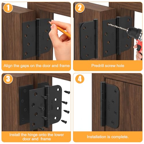 6 Pack Self Closing Door Hinges, 4 Inch Black Door Hinges with Ball Bearing, Matte Black Heavy Duty Loaded Hinge for Interior and Exterior, 5/8'' Radius Corner