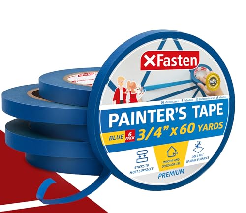 XFasten Blue Painters Tape 3/4 Inch Wide x 60 Yards 6-Pack, UV Residue-Free Blue Masking Tape for Clean Lines, Indoor and Outdoor Multi-Surface Use - Sharp Paint Lines for Walls, No Mess Easy Removal - size: 3/4 Inches x 60 Yards (6-Pack)