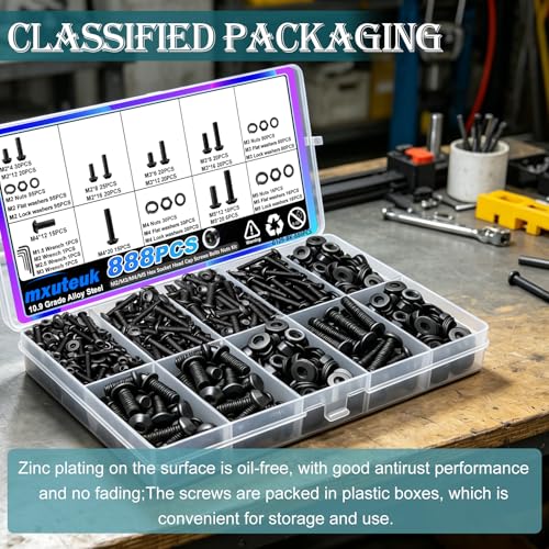 mxuteuk 888PCS Metric Screw Assortment Kit,M2 M3 M4 M5 Machine Screws,10.9 Grade Alloy Steel Metric Hex Button Head Cap Screws Nuts and Flat Washers Assortment Kit for 3D Printing - size: 888PCS M2-M5