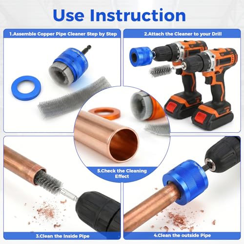 1/2" & 3/4" Copper Pipe Cleaner Set for Drill with 1/4" Hex Shank & 2 Pipe Cleaning Brushes & 6 Exchange Blades 2 Copper Metal Pipe Cleaner Kit Plumbing Tools for Rust Stains Paint - size: 1/2" & 3/4"