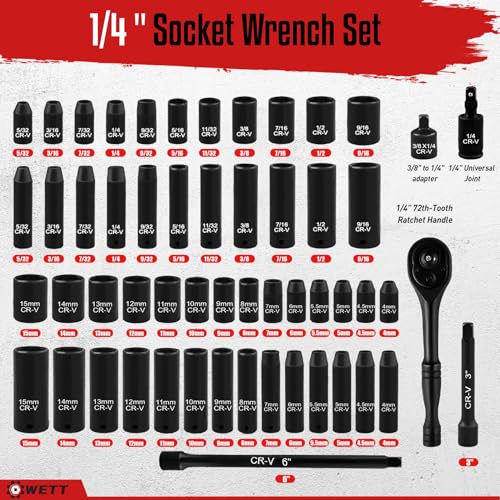 WETT 55-Piece 1/4" Drive Impact Socket Set, SAE/Metric, Deep/Shallow, Cr-V Steel, 6 Point, (5/32"-9/16", 4-15mm) Sockets with Ratchet Handle, Extension bar, Adapter and Universal Joint - size: Upgraded 1/4" Drive Socket Set (55pcs)