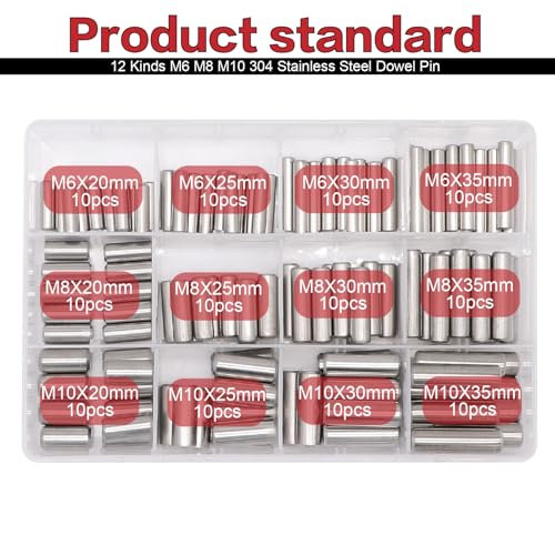 120Pcs 12 Kinds M6 M8 M10 304 Stainless Steel Dowel Pin Cylindrical Shelf Support Peg Pin Rod Fasten Elements Assortment Kit - size: M6/M8/M10