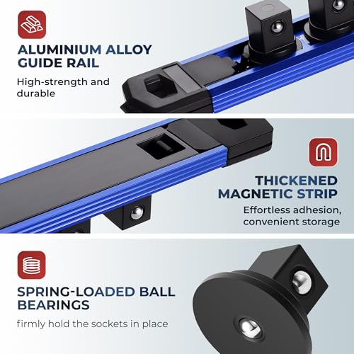 Reniteco Magnetic Socket Organizer Set, 3-Pack 1/4” Socket Rails - color: Blue, size: 1/4-Inch Drive,3pc