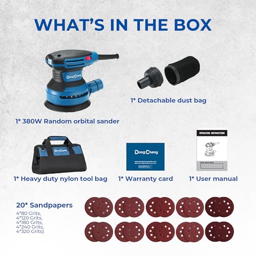 Dong Cheng 5-Inch Random Orbital Sander 3.2A 12800OPM Electric Palm Sander, 6 Variable Speeds, with 20pcs Sandpaper & Detachable Dust Bag, Power Sander for Woodworking, Sanding & Polishing - style: 380W Random Orbital Sander & Tool bag