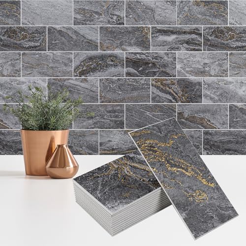 StyloVue 100 Pieces Peel and Stick Backsplash for Kitchen, 3" x 6" PVC Subway Tile 2026 Upgraded Gray-Gold Stone Backsplash Stick on Tile Elevate Kitchen Fireplace RV - color: Gray-Gold Stone