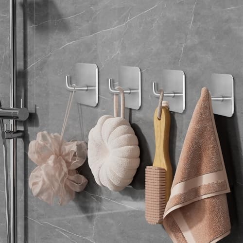 Adhesive Hooks for Bathrooms, 4 Piece Towel Hooks for Hanging Hat Robe Coat, Stick on Hooks for Kitchens, Strong Self-Adhesive No Damage Waterproof Stainless Steel Sticky Hook (Silvery) - color: Square-A-Silvery