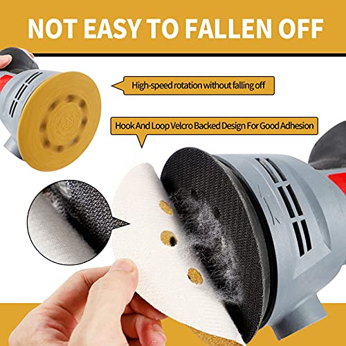 100 Pcs 5 Inch Sanding Discs Hook and Loop, 8 Hole Gold Premium 600 Grit Dustless Random Orbit Sandpaper for Woodworking or Automotive - style: 600 Grit-100 Discs