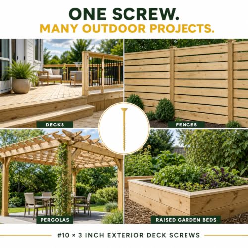 500 Pcs Exterior Deck Screws #10×3 inch, 7.2lb Wood Screws with Yellow Ceramic Coating, Premium Outdoor Rust Resistant Self Taping Screws,T25 Drive Bit includs. - size: #10×3inch