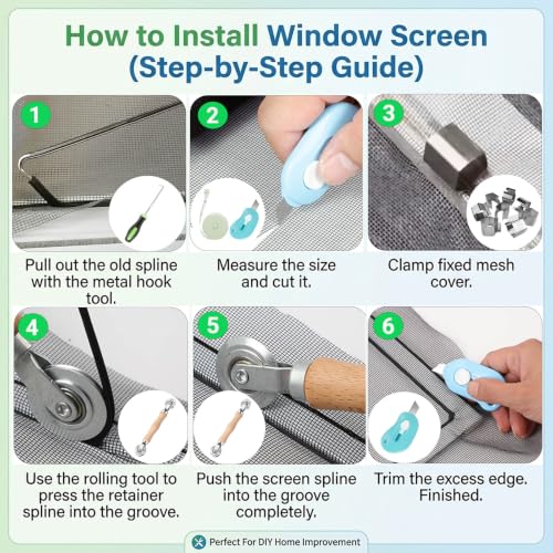 Window Screen & Screen Door Repair Kit (48"x118") - Fiberglass Mesh Replacement with 10M Spline, Rolling Tool, Clips, Cutter & Measuring Tape, Gray