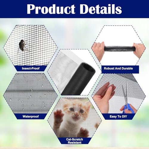 47.2 x 78.7 inch Window Screen with 23 Feet Black Upgraded Hook and Loop Adhesive Edging Frame Free Cutting DIY Self-Adhesive Window Screen Mesh Curtain Replacement