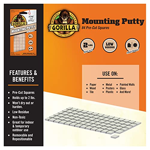 Gorilla Mounting Putty, Natural Tan Color, 84 Pre-Cut Squares (Pack of 8) - Non-Toxic Removable & Repositionable Wall Putty - size: 672 Squares