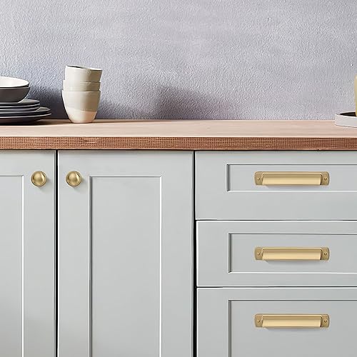 khtumeware 10 Pack 3-3/4" Drawer Pulls Brushed Brass Cabinet Cup Pulls Kitchen Hardware Brushed Gold Cabinet Handles Drawer Handles Knobs 3-3/4 inch Hole Center - color: Brushed Brass, size: Cup Pulls 3-3/4" Hole Center