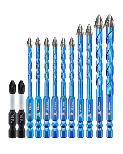 Serrated Concrete Drill Bit Set 3/16"*2,1/4"*4,5/16"*2,3/8",1/2" & Phillips Bits - Carbide Masonry Drill Bits for Brick/Ceramic/Tile/Wood/Plastic/Hex Shank Drills - size: 3/16"*2+1/4"*4+5/16"*2+3/8"+1/2"