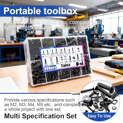 Taiss 888PCS M2 M3 M4 M5 Screw Kit,Flat Head Metric Bolts Assortment,10.9 Grade Alloy Steel,Countersunk Machine Screws,Black Nuts and Bolts for 3D Printer,Mechanical Hardware,with Hex Wrenches - size: 888PCS M2 M3 M4 M5