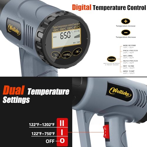 Heat Gun LCD Digital Display 122-1202℉ 7 Level Temperature Control Hot Air Gun with 4 Nozzles Fast Heating Overload Protection 10Ft Power Cord for Shrink Tubing, Vinyl Wrap, Crafting,Resin
