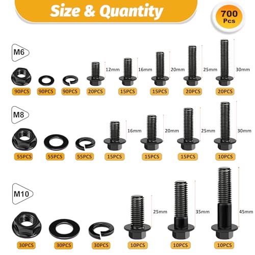 KADRICK 700PCS M6-M10 Metric Flange Hex Bolt Kit，M6-1.0 M8-1.25 M10-1.25 - size: M6 M8 M10 700Pcs Flange HEX