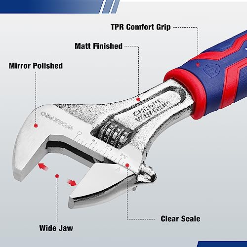 WORKPRO 6-Inch Adjustable Wrench, Wide Jaw, Metric/SAE Scales | Rubber Anti-Slip Grip, Premium Cr-V Steel, Chrome-Plated Finish for Strength and Corrosion Resistance - size: 6 inch