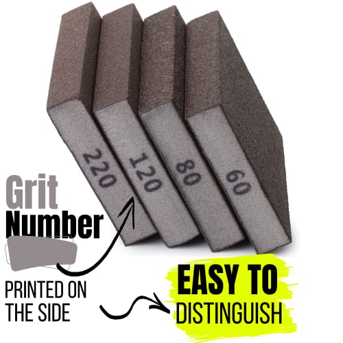 Bates- Sanding Sponge, 4 Pack, 60/80/120/220 Grit Assortment, Washable and Reusable Sanding Block for Wood, Metal, Drywall, Glazing, Sandpaper Blocks for Smooth Finishing - size: 4 Pack, 60/80/120/220 Grit